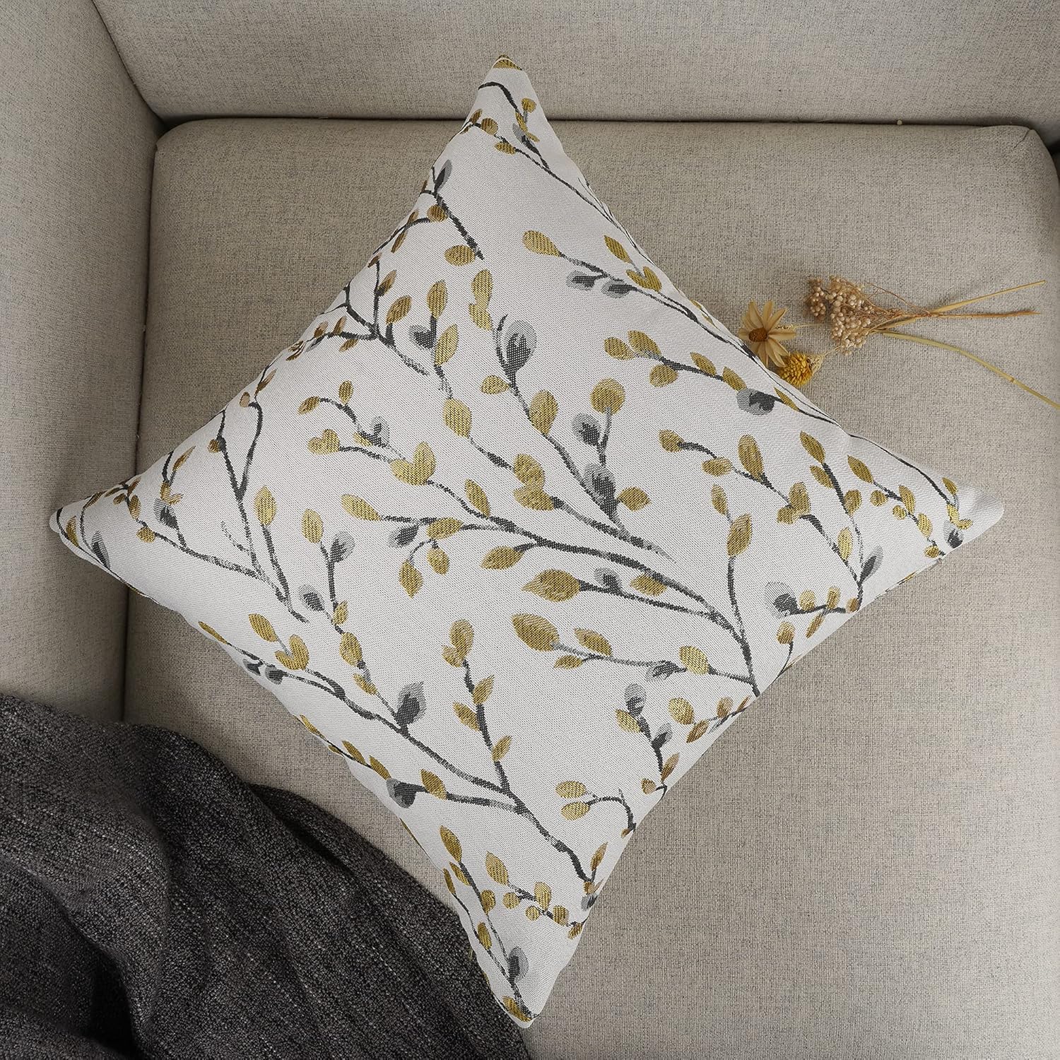 YOUR SMILE Classical Embroidery Jacquard Yellow/Gold Square Decorative Throw Pillow Case Cushion