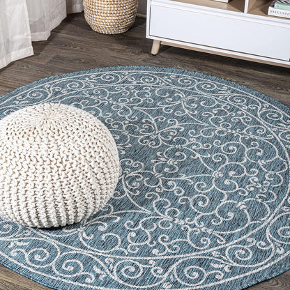 JONATHAN Y Vintage Filigree Indoor Outdoor Round Area Rug 8 Ft Teal/Gray, Charleston Textured Weave