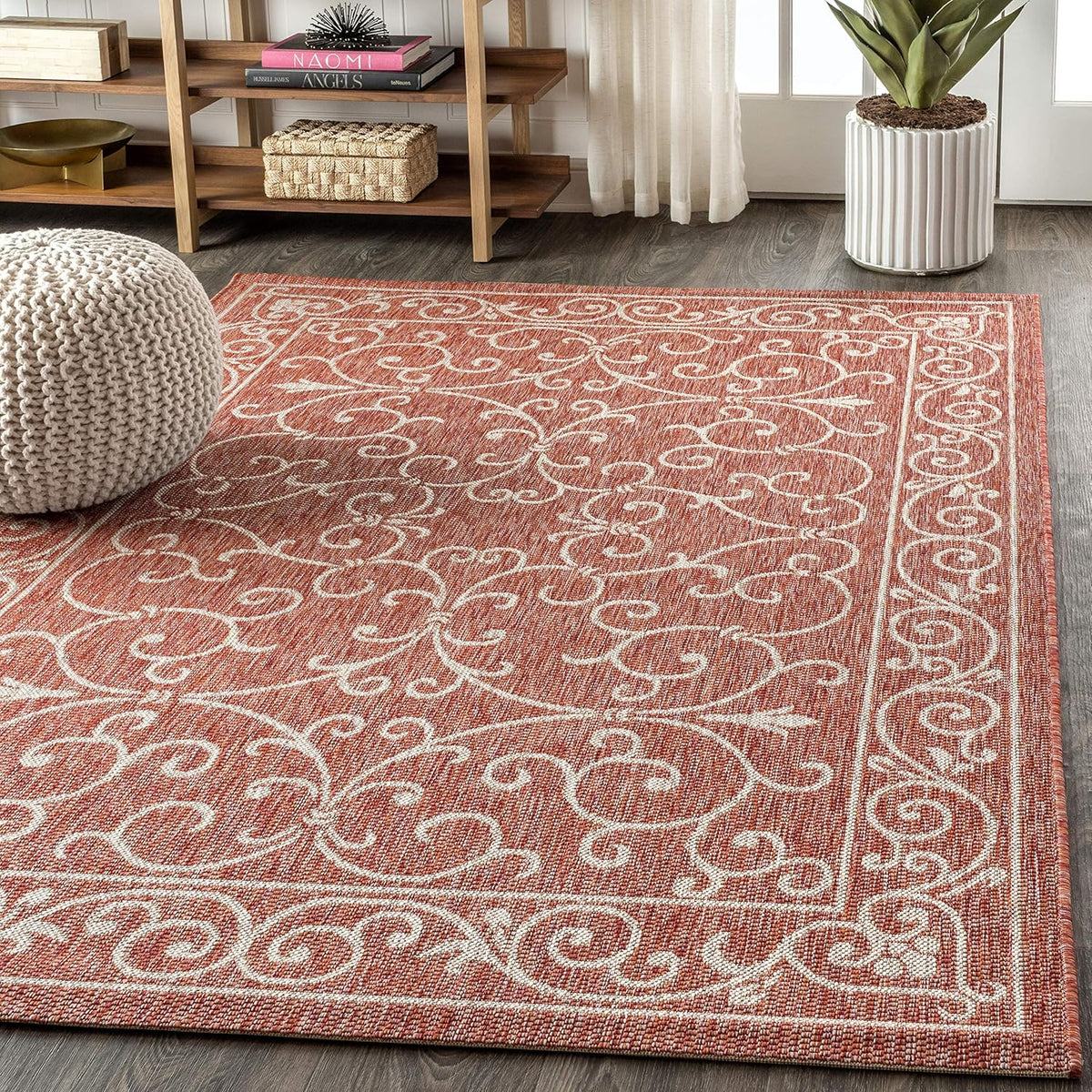 JONATHAN Y Vintage Filigree Indoor Outdoor Area Rug 9X12 Red/Beige, Charleston Textured Weave for