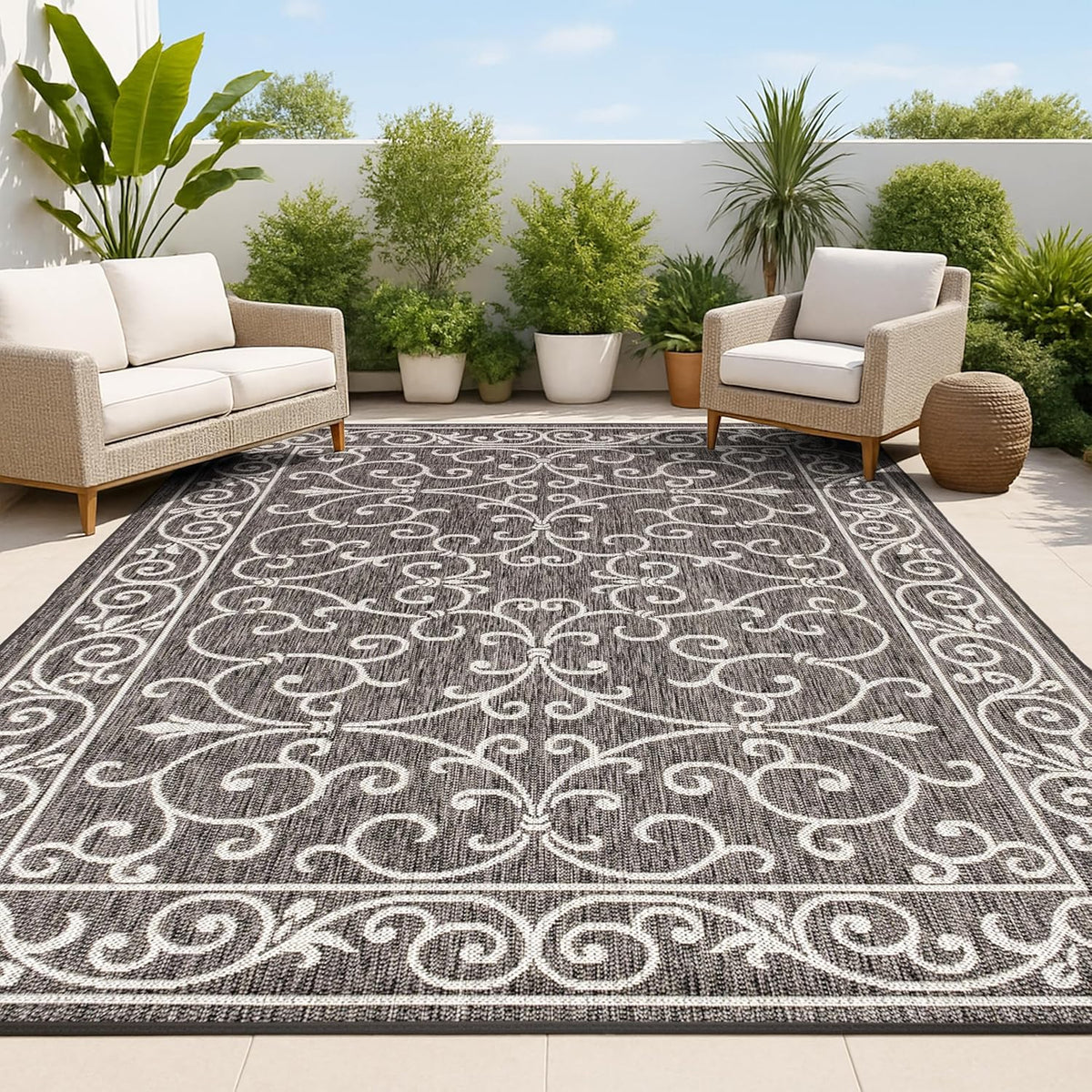 JONATHAN Y Vintage Filigree Indoor Outdoor Area Rug 8X10 Black/Gray, Charleston Textured Weave for