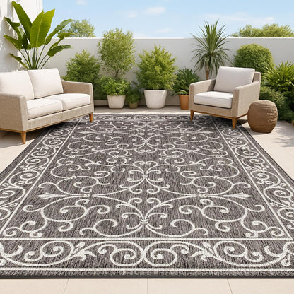 JONATHAN Y Vintage Filigree Indoor Outdoor Area Rug 10X14 Black/Gray, Charleston Textured Weave for