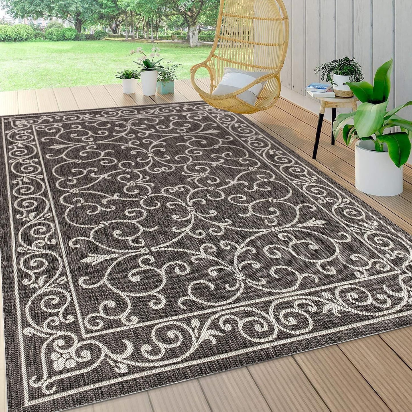 JONATHAN Y Vintage Filigree Indoor Outdoor Area Rug 8X10 Black/Gray, Charleston Textured Weave for