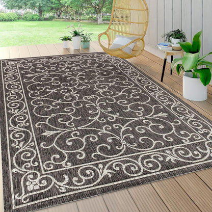 JONATHAN Y Vintage Filigree Indoor Outdoor Area Rug 8X10 Black/Gray, Charleston Textured Weave for