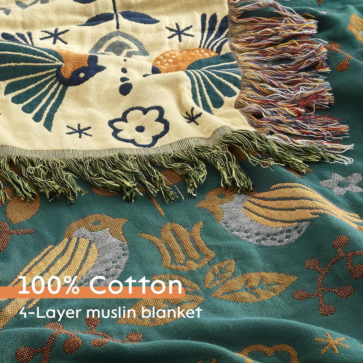 Boho Throw Blanket for Bed 90”x98”, 100% Cotton Woven Blanket for Couch Sofa, Ultra Soft 4-Layer