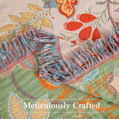 Boho Throw Blanket Twin Size, Soft Cozy Cotton Muslin Quilt Blanket for Bed Decor, Floral Patterned