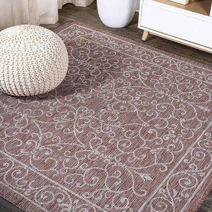 JONATHAN Y Vintage Filigree Indoor Outdoor Square Area Rug 5X5 Red/Beige, Charleston Textured Weave