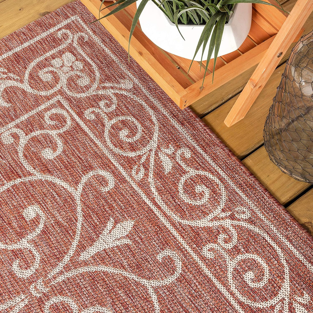JONATHAN Y Vintage Filigree Indoor Outdoor Runner Rug 2X10 Red/Beige, Charleston Textured Weave for