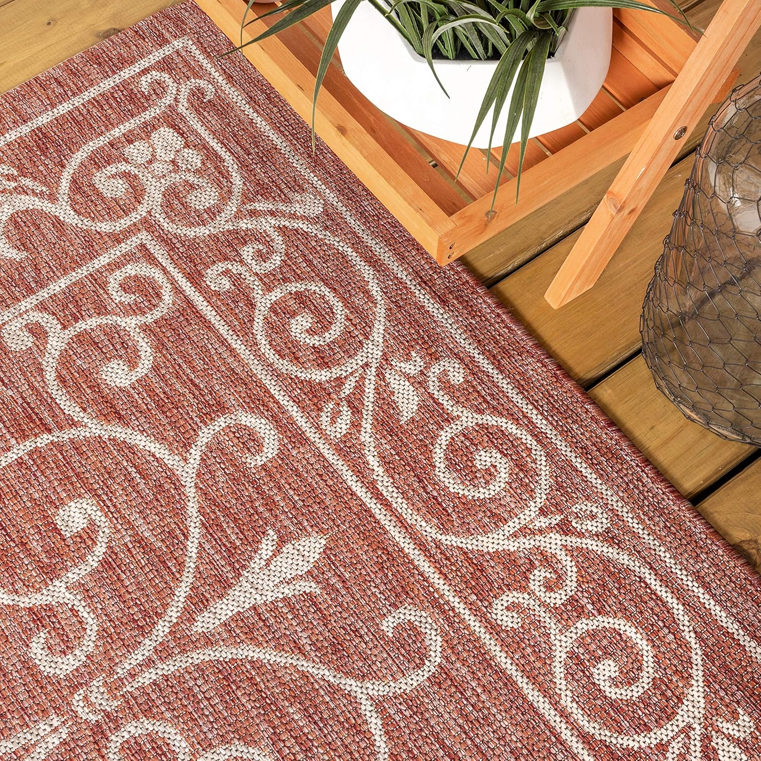 JONATHAN Y Vintage Filigree Indoor Outdoor Square Area Rug 5X5 Red/Beige, Charleston Textured Weave