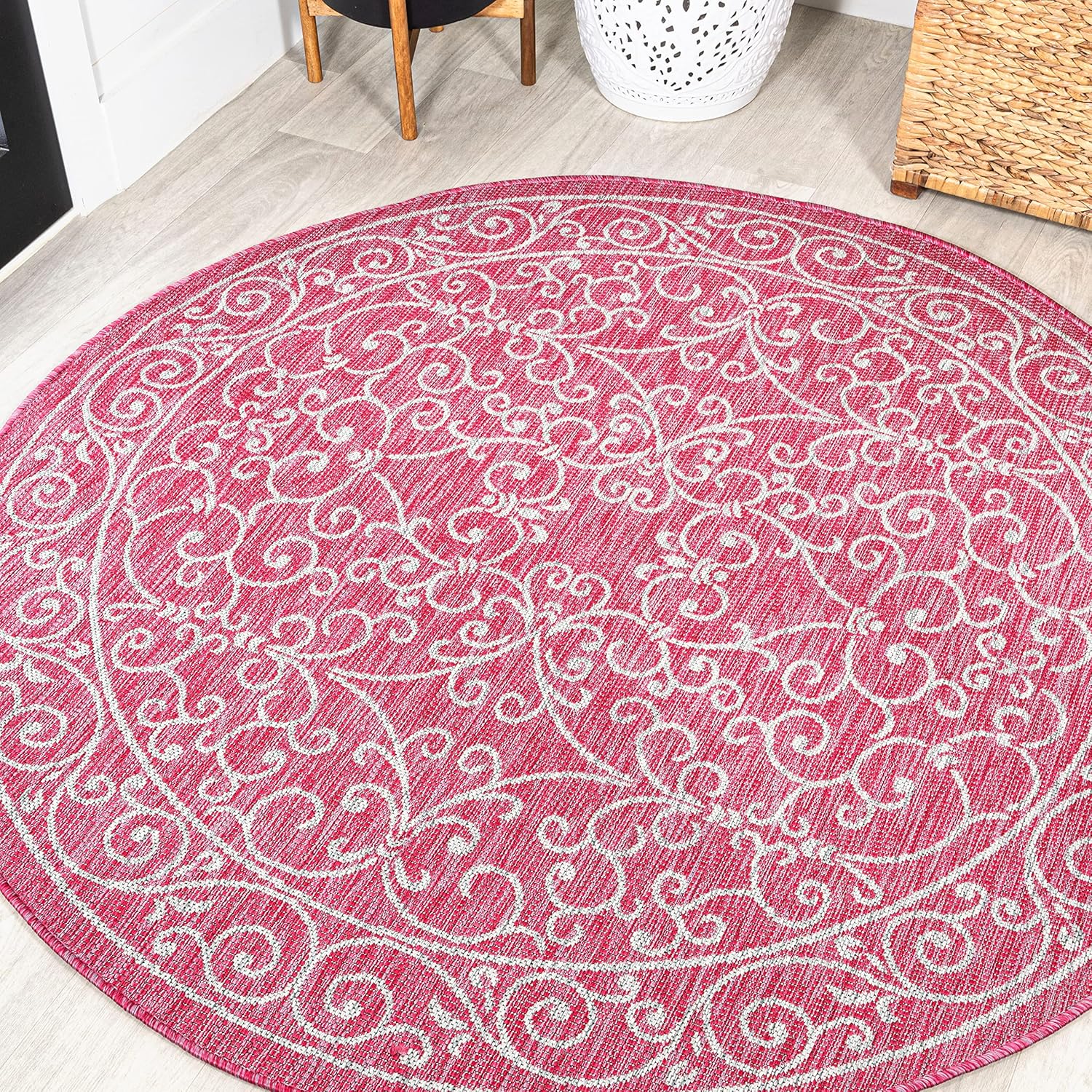 JONATHAN Y Vintage Filigree Indoor Outdoor Round Area Rug 5 Ft Fuchsia/Light Gray, Charleston